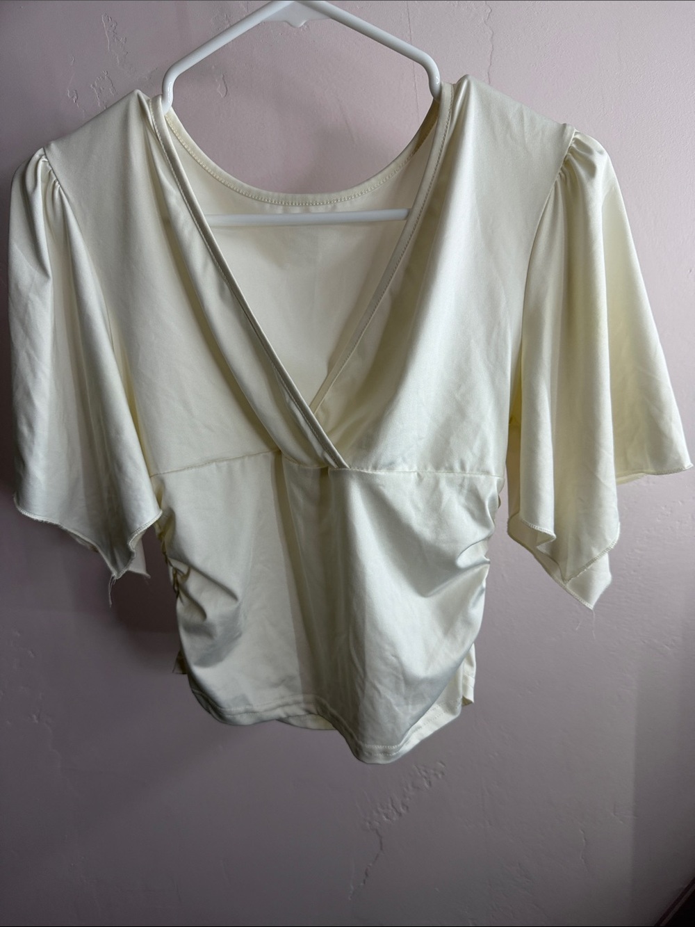 Women's Cream V-Neck Flutter Sleeve Top